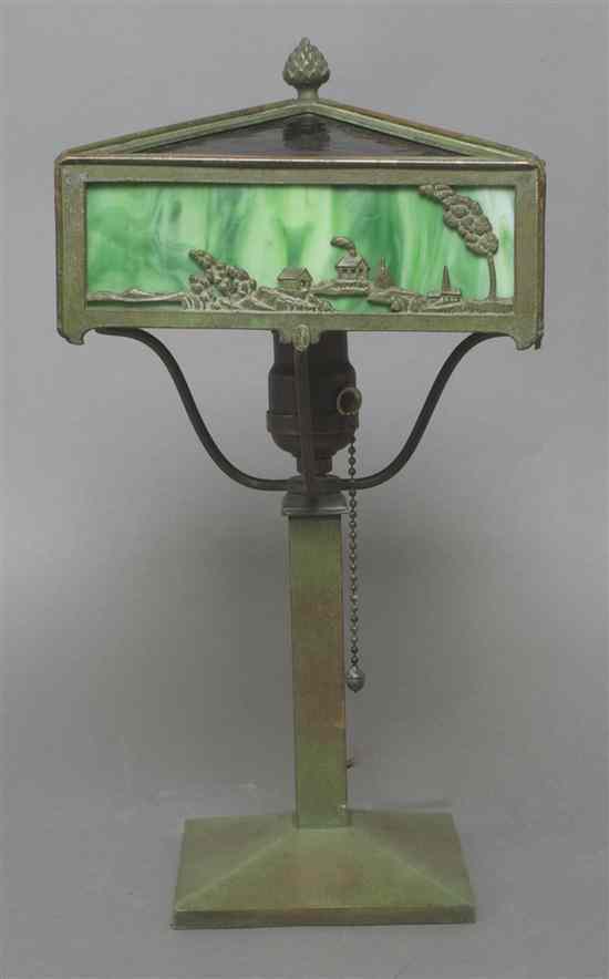 Appraisal: A Bronze Arts and Crafts Slag Glass Lamp Bradley Hubbard