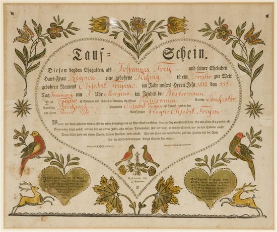 Appraisal: Frakturs Frakturs Printed certificates possibly marriage certificates published for use