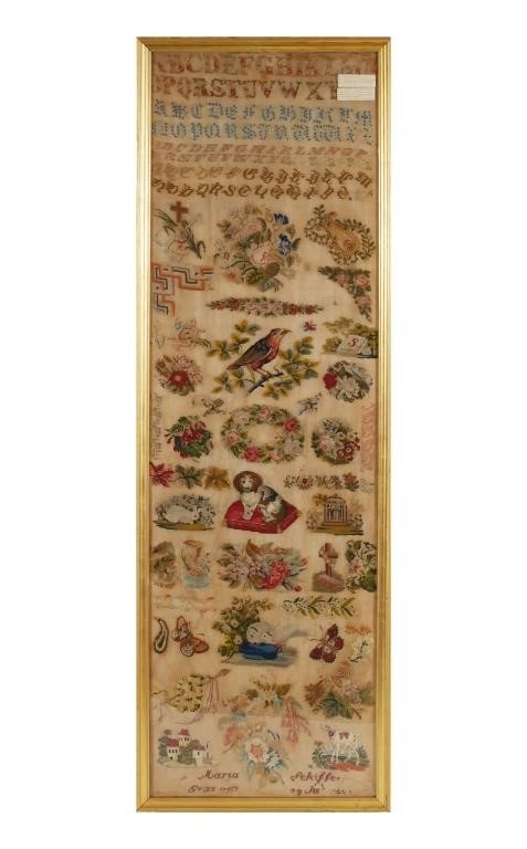 Appraisal: Large American Needlework alphabet sampler showing four alphabets bird dogs