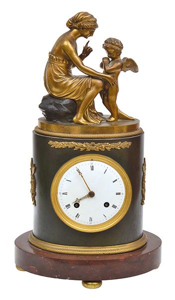 Appraisal: A FRENCH FIGURED GILT METAL AND MARBLE MANTEL CLOCK TH