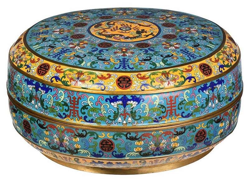 Appraisal: Large Chinese Cloisonne Covered Box wide shallow form floral and