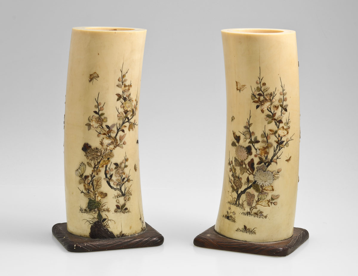 Appraisal: PAIR INLAID IVORY TUSKS Each inlaid with foliate birds and