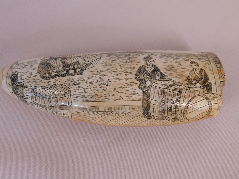 Appraisal: SCRIMSHAW WHALE TOOTH - MEN ON DOCK Scrimshaw whale tooth