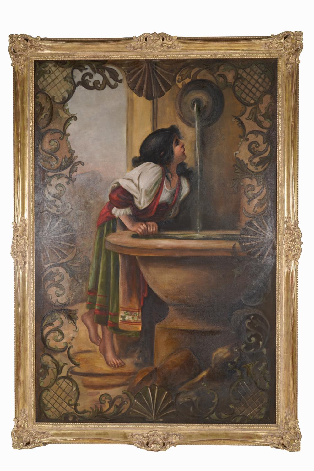 Appraisal: UNKNOWN ARTIST WOMAN AT FOUNTAINoil on canvas unsigned Condition relined