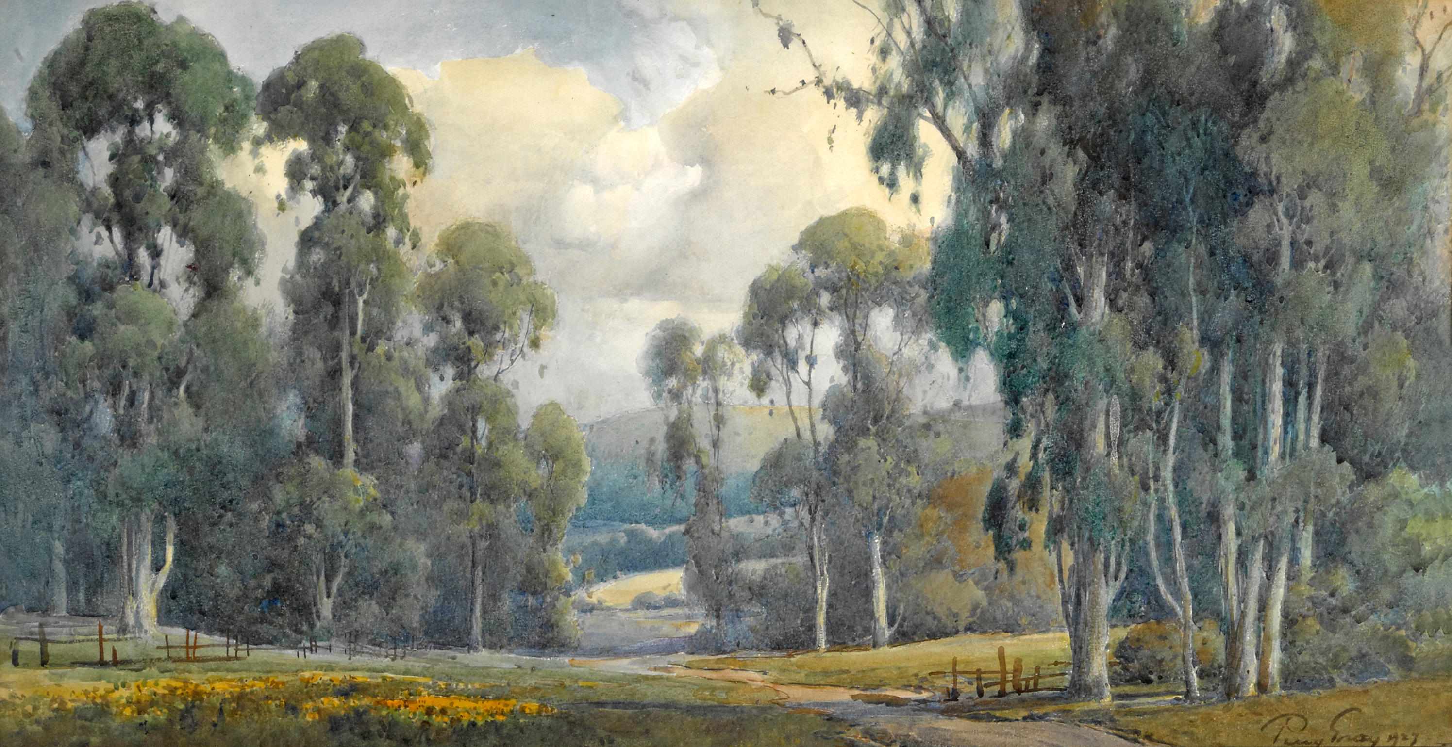 Appraisal: Percy Gray - California wildflowers and eucalyptus with hills in