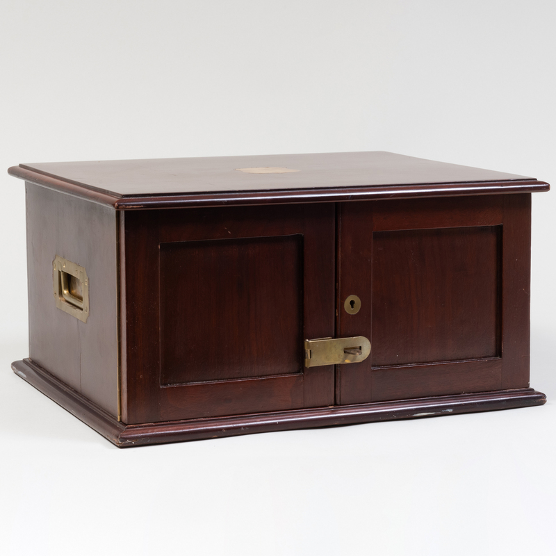 Appraisal: Brass Inlaid Mahogany Flatware Chest Fitted with interior drawers x