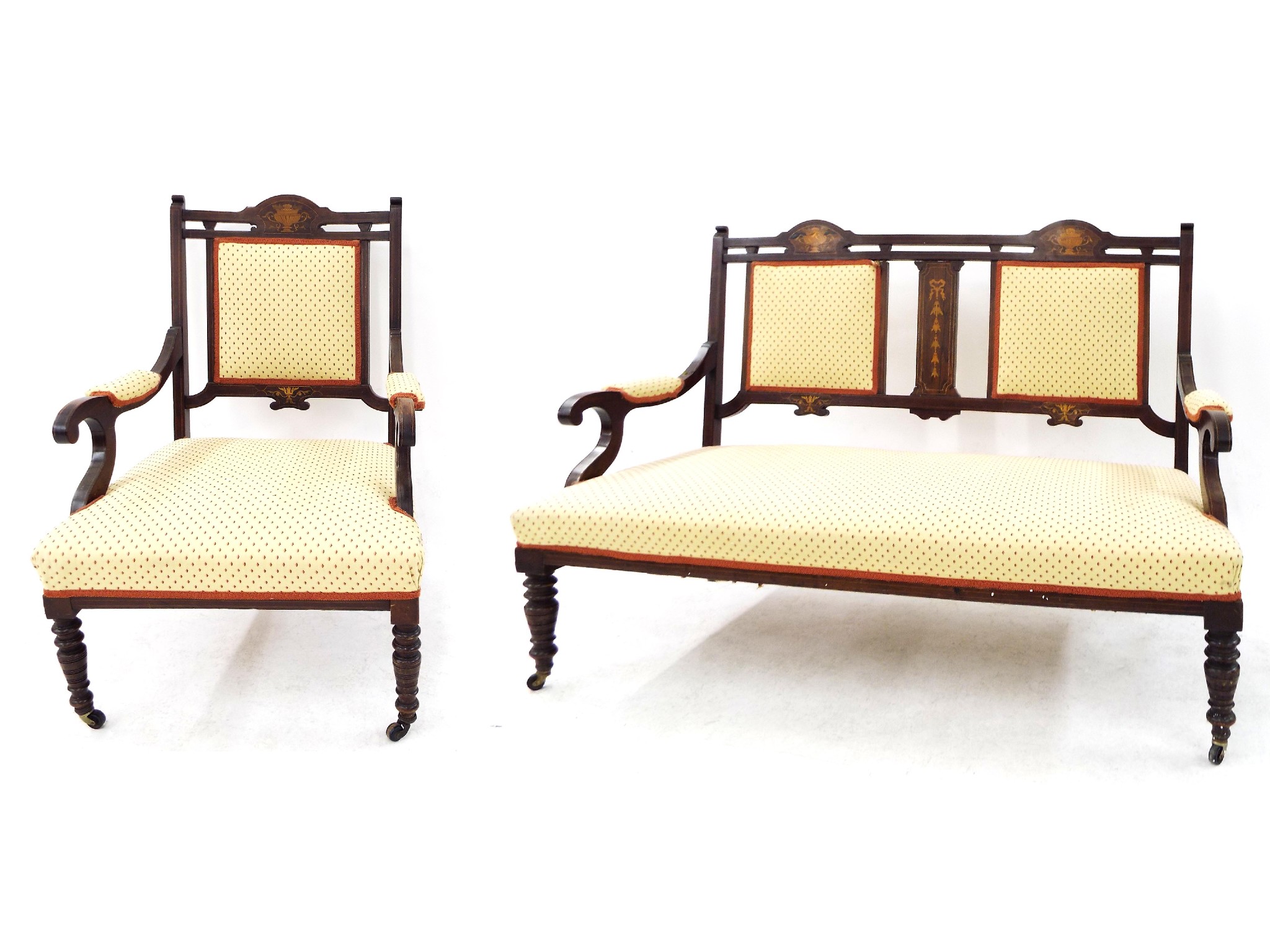 Appraisal: Edwardian rosewood and boxwood inlaid salon suite comprising two seater