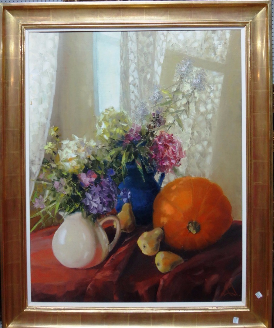 Appraisal: Pyma Daypoba late th century Still life of flowers pumpkin