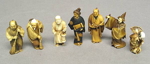 Appraisal: Seven contemporary ivory figural netsuke Including a courtesan walking signed