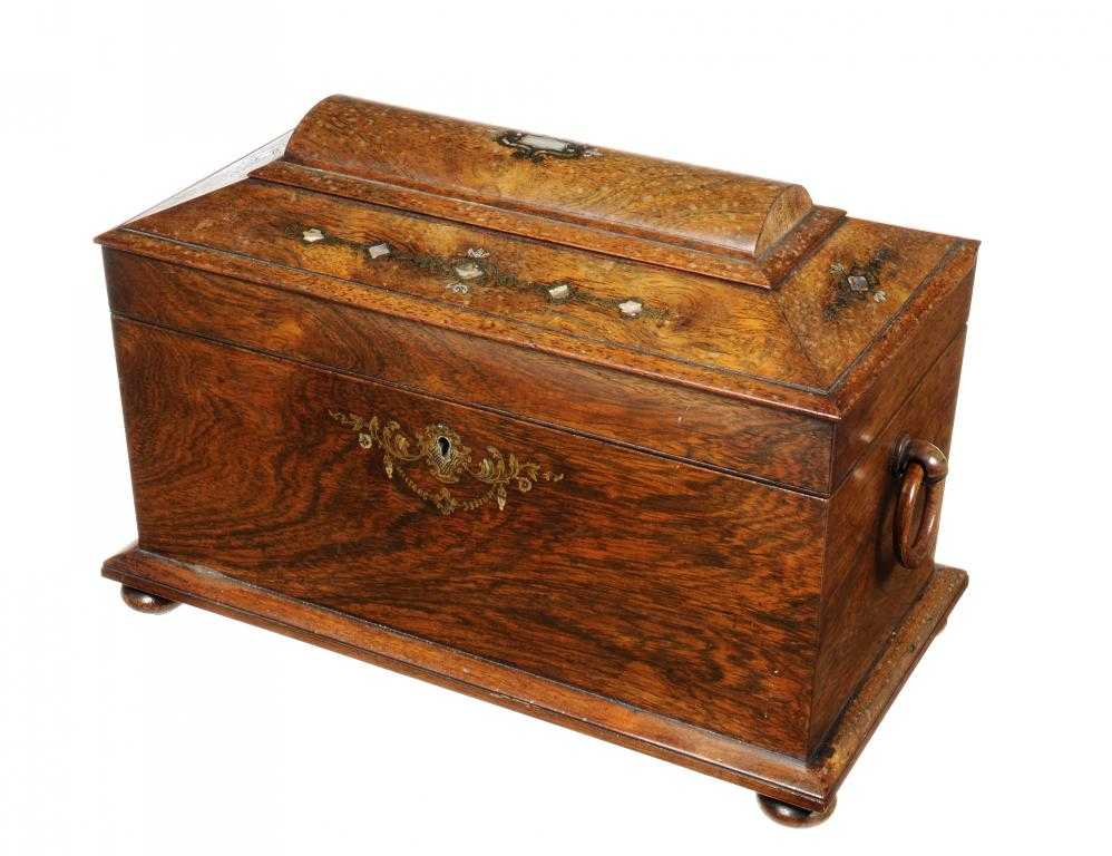 Appraisal: A VICTORIAN ROSEWOOD and 'BUHL' TEA CADDY of sarcophagus shape