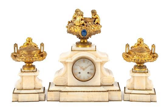 Appraisal: A French Gilt Bronze and Marble Clock Garniture Height of