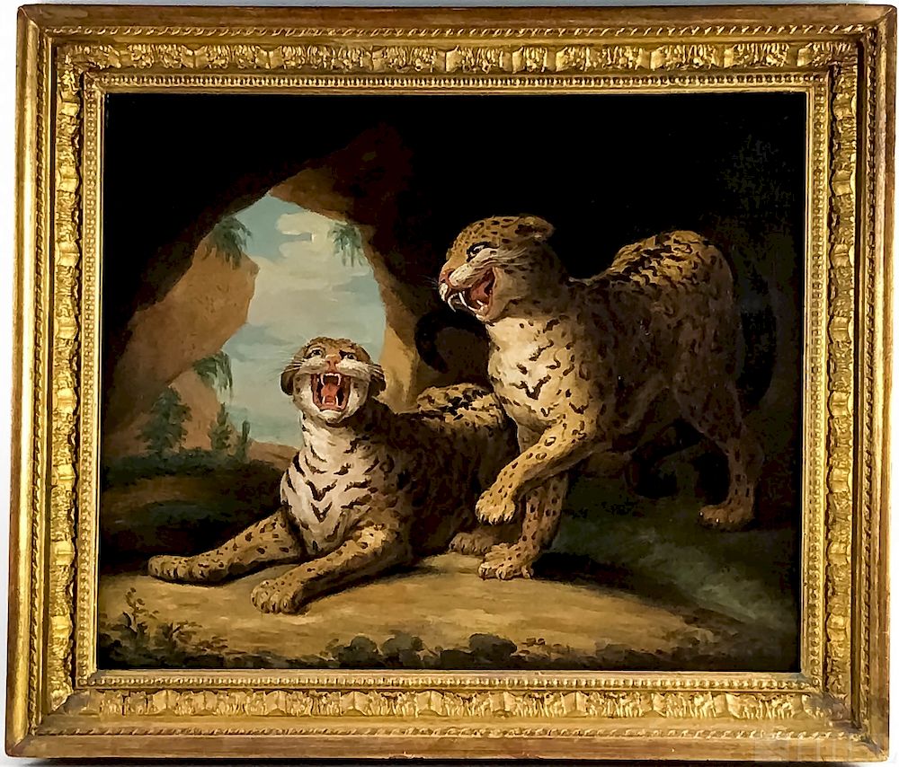 Appraisal: Antique C Hissing Leopards Portrait Oil Painting Leopards European th