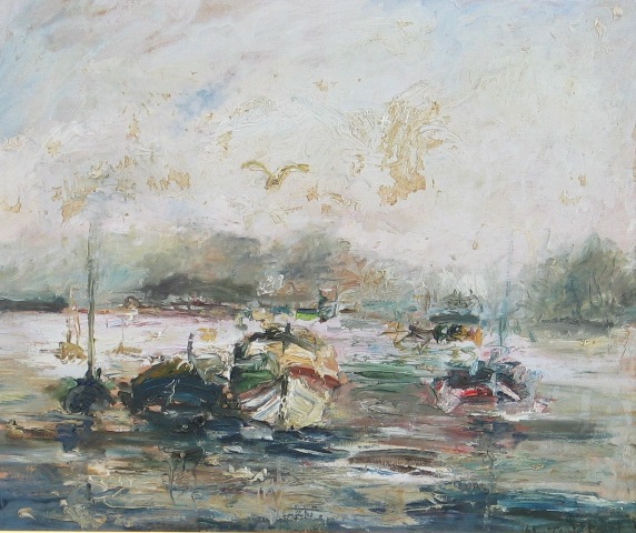 Appraisal: Jamie Boyd born Boat Scene oil on canvas board dated