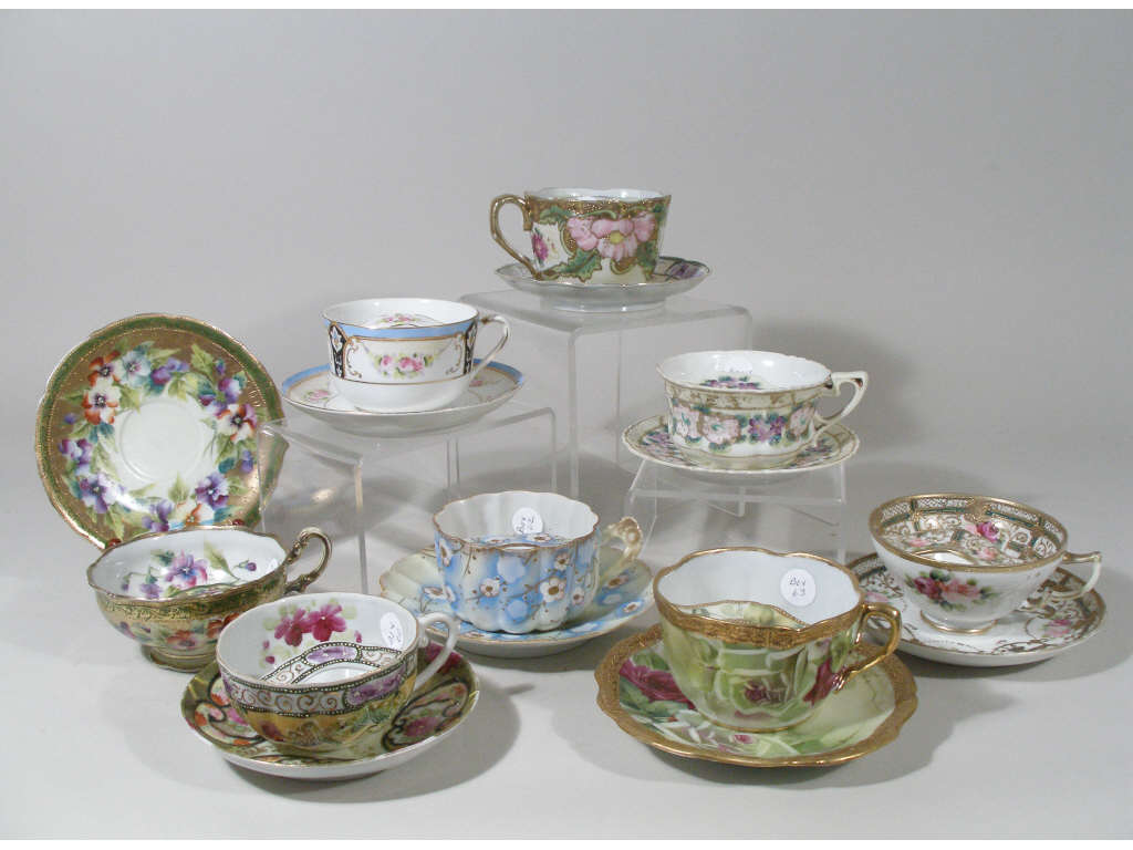 Appraisal: Group of Eight Mustache Cup and Saucers Japanese Nippon Victorian