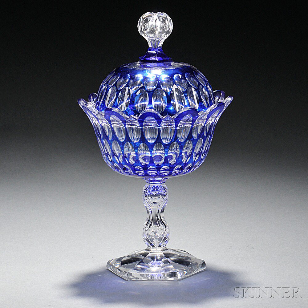 Appraisal: Cobalt Cut-to-Clear Glass Covered Urn late th early th century