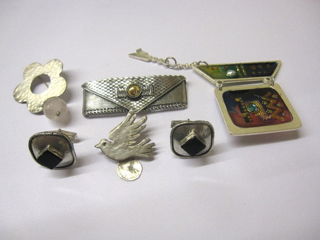 Appraisal: Lot comprising onyx set silver cuff links enamel plaque brooch