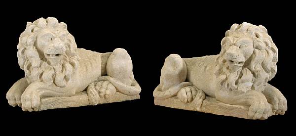 Appraisal: A pair of limestone figures of lions th century Each