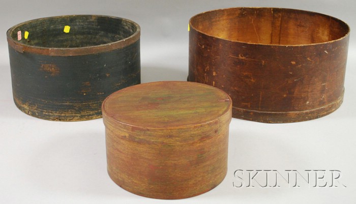 Appraisal: Two Round Painted Wooden Measures and a Round Covered Storage