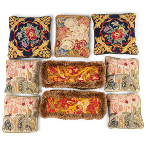 Appraisal: A Group of Eight Needlework Pillows TH CENTURY comprising a