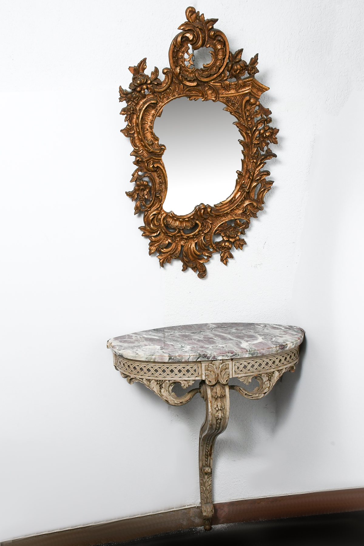 Appraisal: CARVED MARBLE TOP HALL TABLE MIRROR Shaped marble top resting