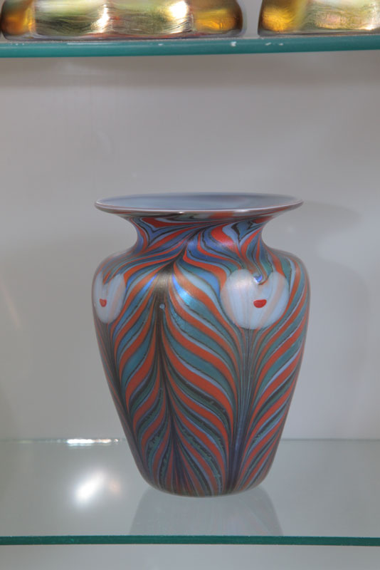 Appraisal: ART GLASS VASE Unattributed Iridescent with blue and red pulled