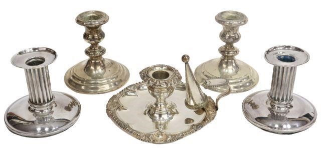 Appraisal: lot of Candlesticks including English Sheffield silverplate chamberstick candle nozzle