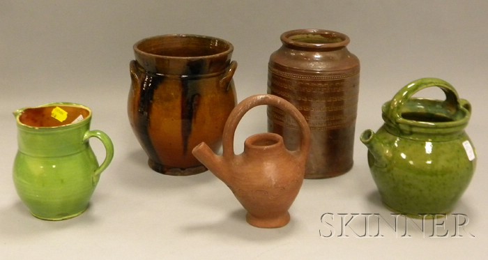 Appraisal: Group of Assorted Earthenware a glazed redware jar glazed stoneware