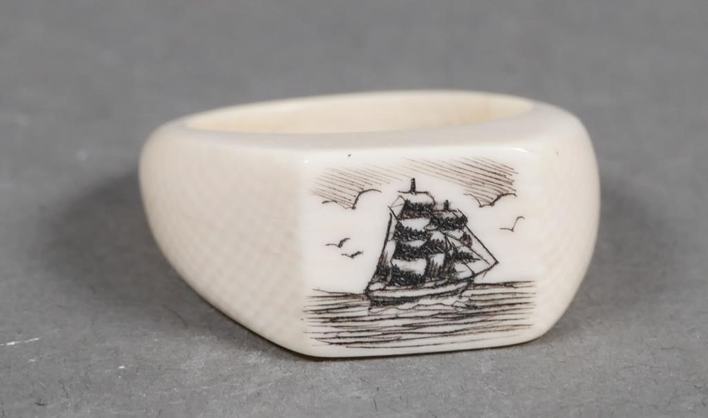 Appraisal: Finely carved scrimshaw ivory ring size Ring has hairline crack