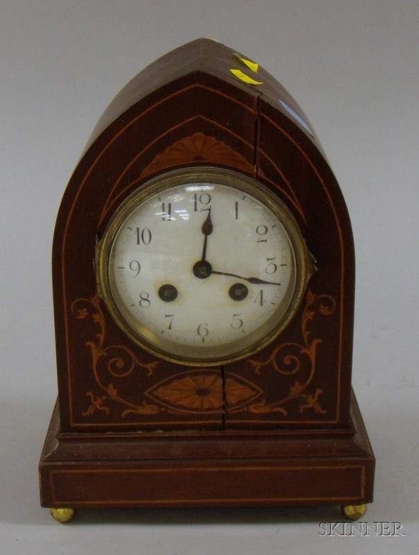 Appraisal: French Mahogany Cased Mantel Clock with marquetry inlay enameled dial