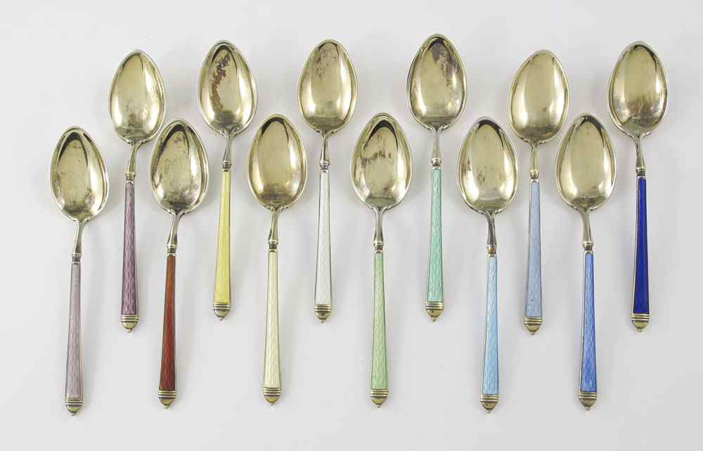 Appraisal: SET OF WATSON ENAMELED STERLING DEMITASSE SPOONS With vermeil wash