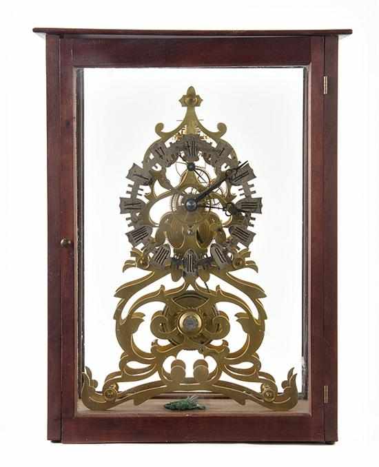 Appraisal: English box skeleton clock mid th century glazed panel mahogany