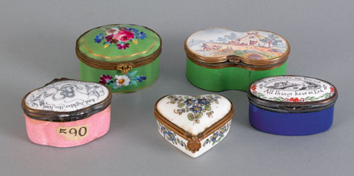 Appraisal: Five English and Continental porcelain enamel patch boxes th early