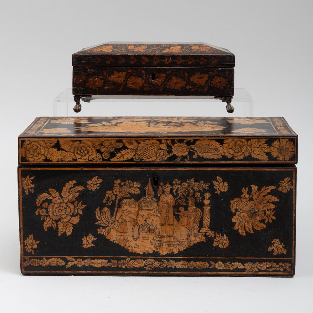 Appraisal: Two Penwork Chinoiserie Decorated Boxes The smaller x x in