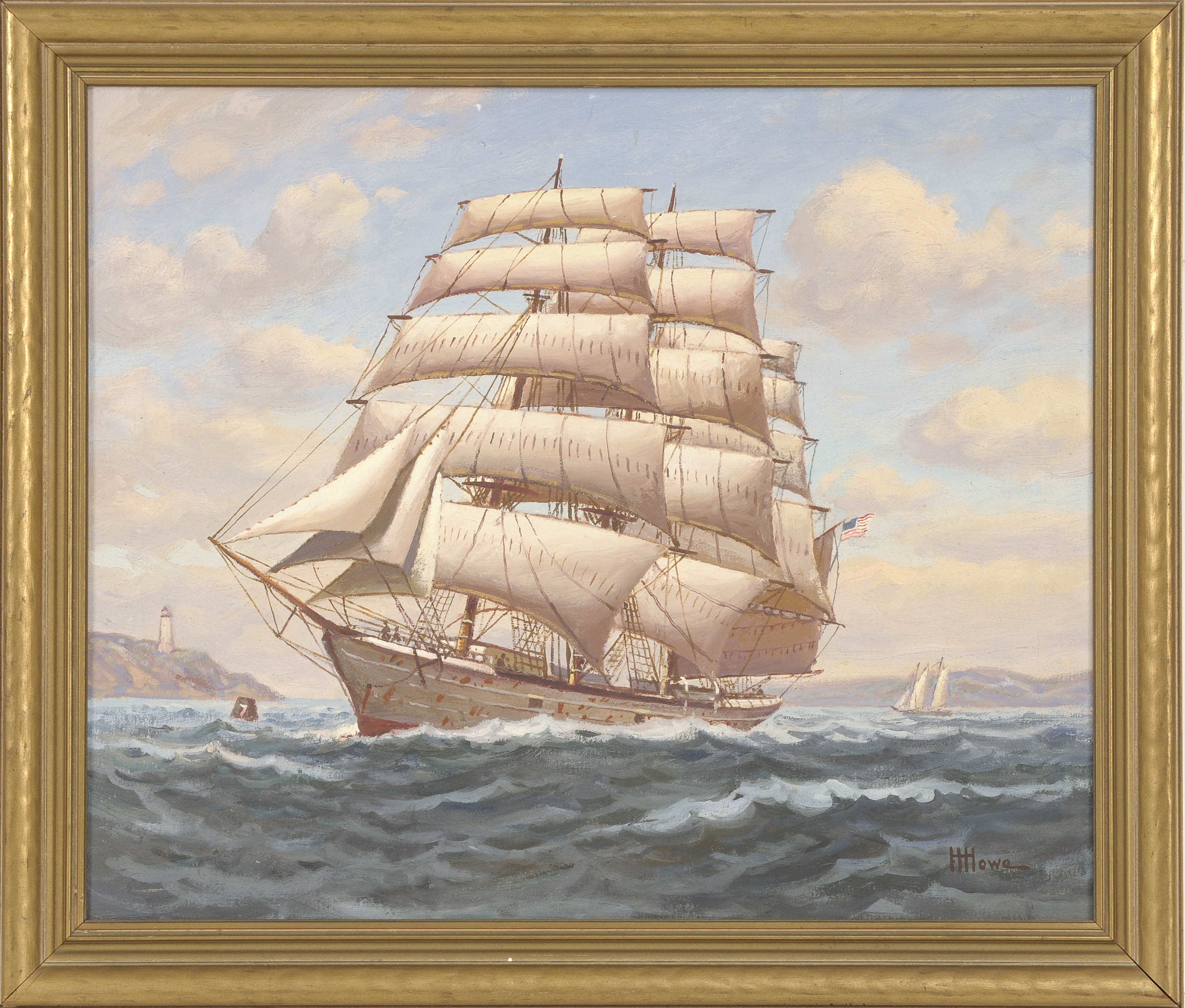 Appraisal: HARRY HAMBRO HOWEAmerican - Full-rigged ship off a lighthouse Signed