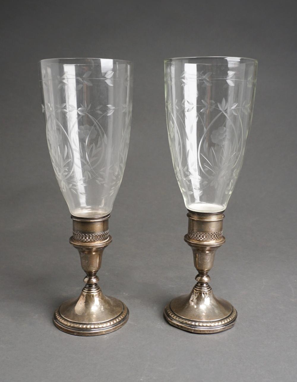 Appraisal: Pair of Weighted Sterling Silver Low Candlesticks with Etched Hurricane