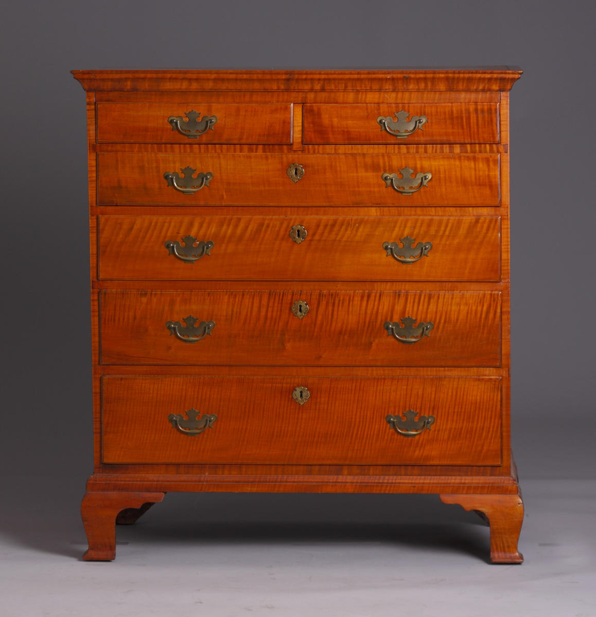 Appraisal: Tiger Maple -Drawer Chest th cent ogee bracket feet Old