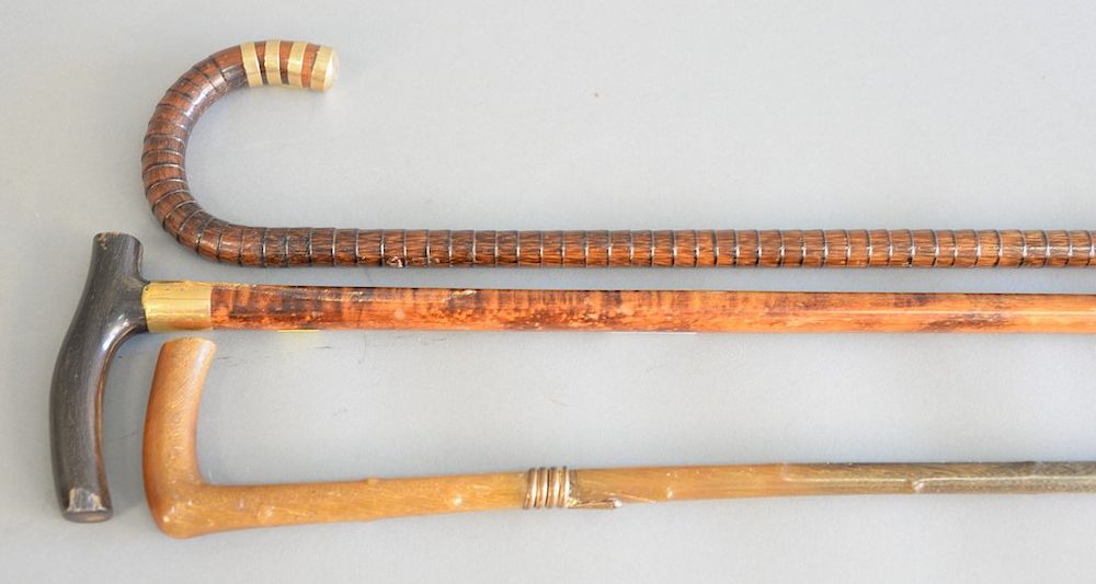 Appraisal: Three canes to include one horn with plated snake two