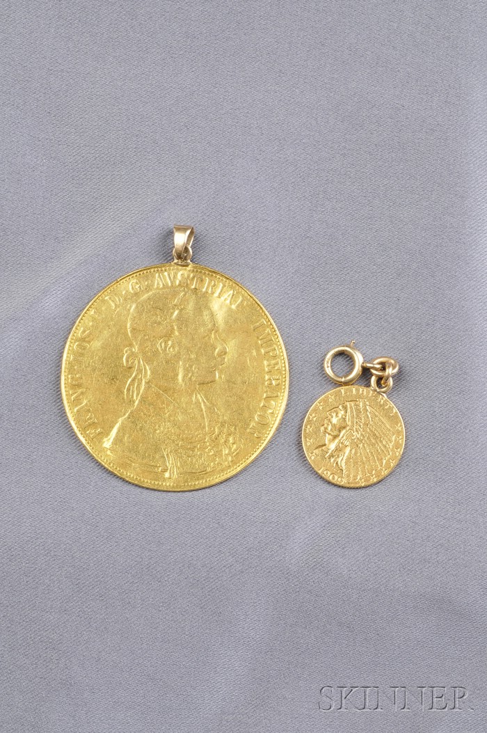 Appraisal: Two Gold Coin Pendants an Austrian Gold Franc coin and