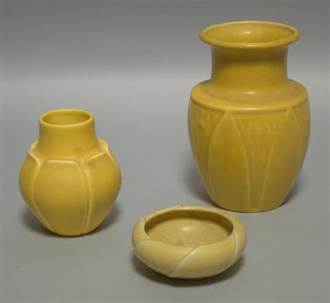 Appraisal: THREE ROOKWOOD MATTE YELLOW VASES The first impressed date with