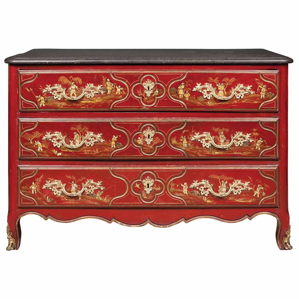 Appraisal: Louis XV Red and Parcel Gilt Vernis Martin Gilt-Bronze Mounted