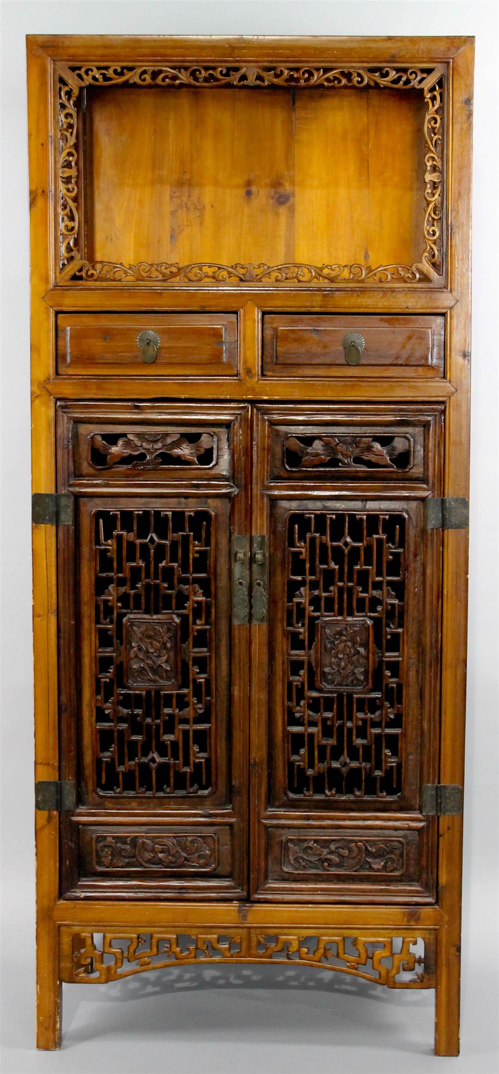 Appraisal: CHINESE SOFTWOOD CABINET WITH OPEN SHELF ABOVE PIERCED DOORS having