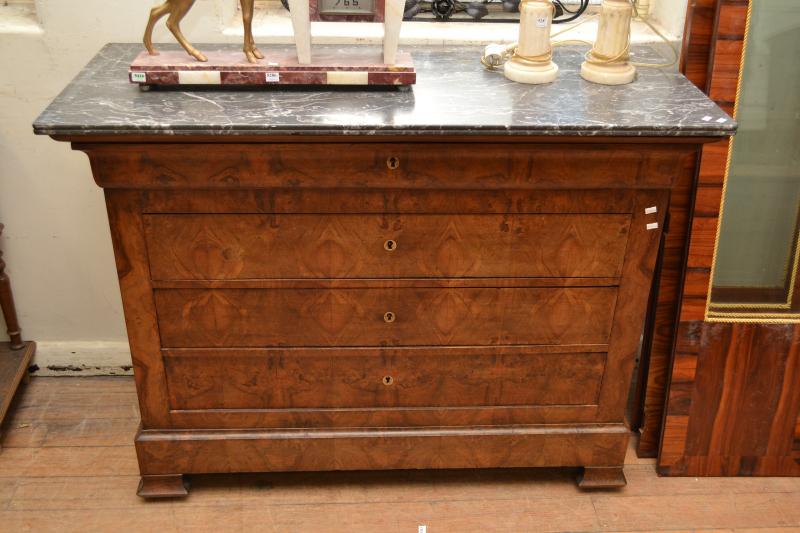 Appraisal: A FRENCH WALNUT FOUR DRAWER CHEST WITH MARBLE TOP