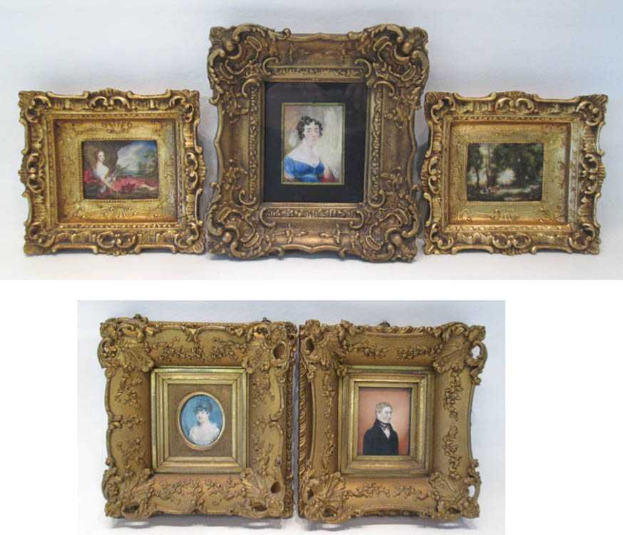 Appraisal: FIVE FRAMED ORIGINAL PORTRAIT AND LANDSCAPE PAINTINGS depicting men and