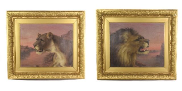 Appraisal: Pair of Ralph Bowen Lion and Lioness Paintings A pair