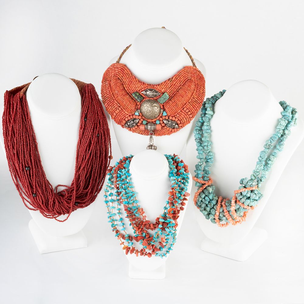 Appraisal: Three Multi Strand Turquoise and Coral Beaded Necklaces and a