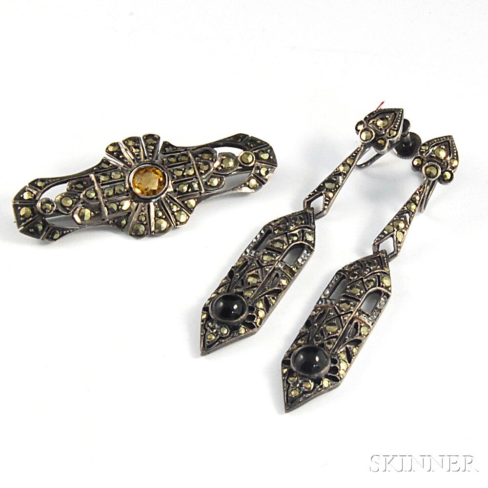 Appraisal: Assembled Sterling Silver and Marcasite Suite Germany a brooch set