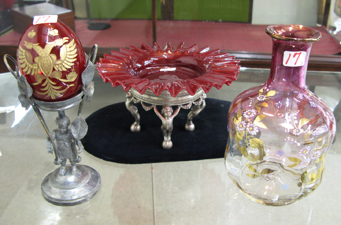 Appraisal: A GROUP OF THREE VICTORIAN SILVERPLATE AND GLASS a ruby