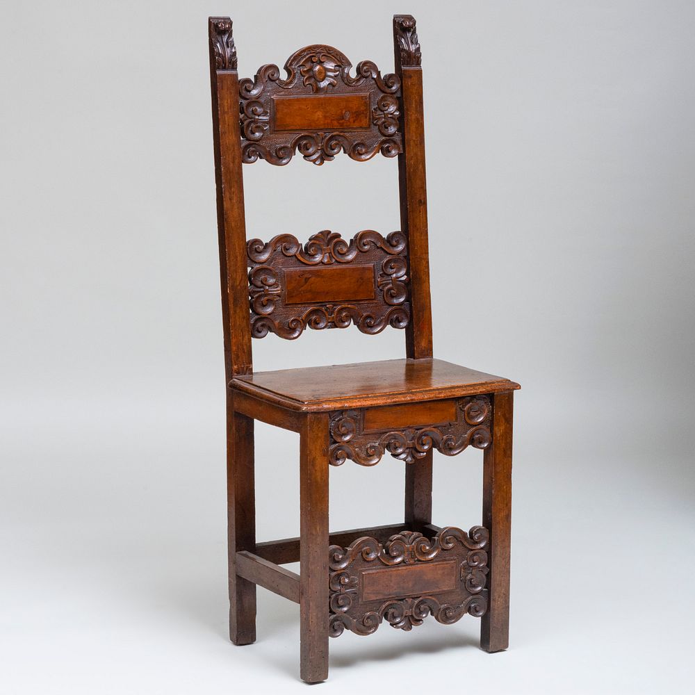 Appraisal: Italian Baroque Carved Walnut Side Chair The underside with white