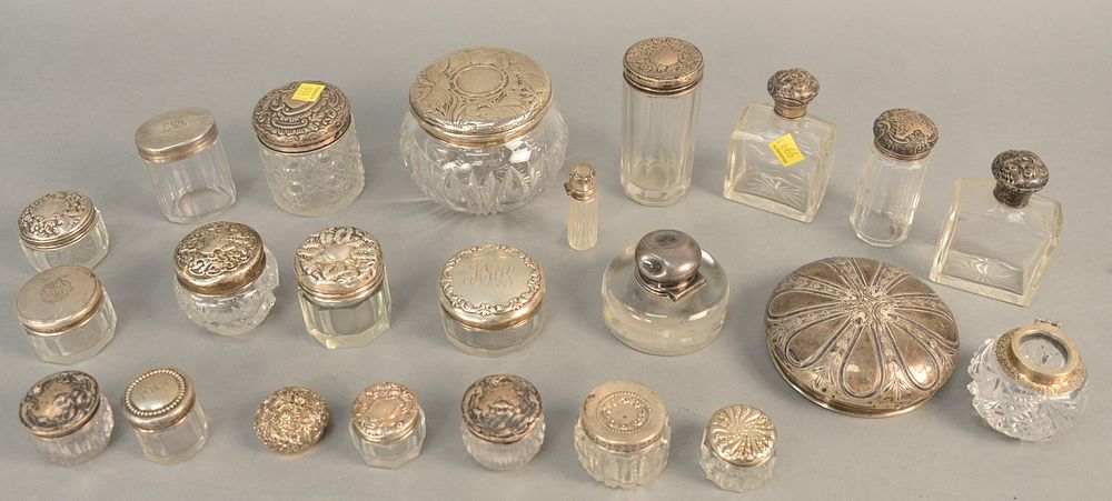 Appraisal: Large group of sterling silver topped jars bottles etc approx