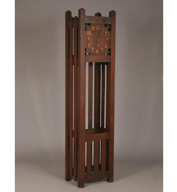 Appraisal: Tall Mission oak grandfather clock Includes weights and pendulum H